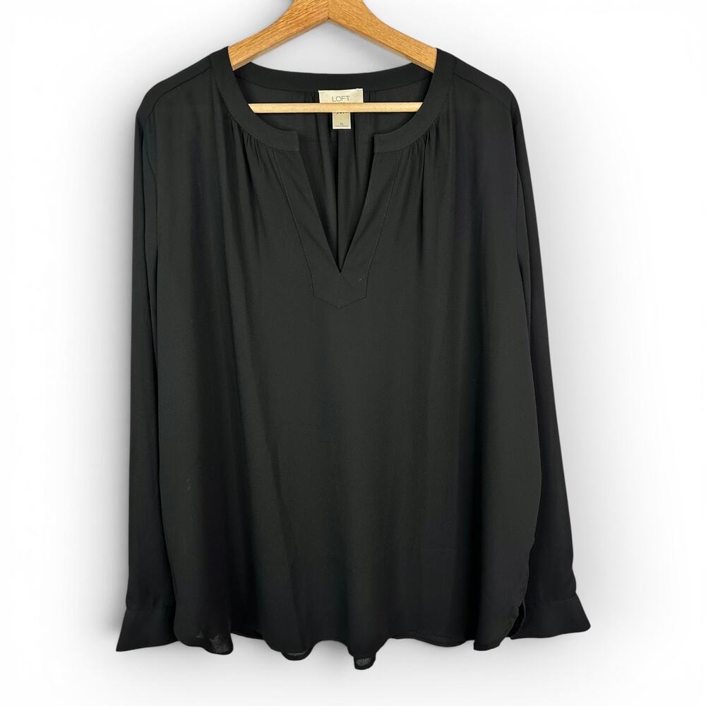 Loft Womens Black Long Sleeve Henley Popover Blouse XL Professional Minimalist